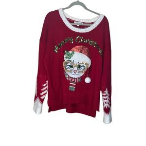 Celebrate Together 2XL Red Christmas Sweater Sequin Kitty Cat Holiday